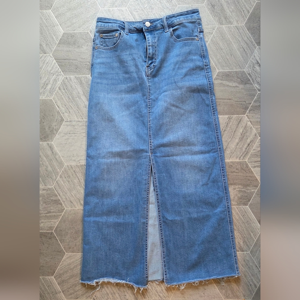 Denim Midi Skirt with Front Slit
